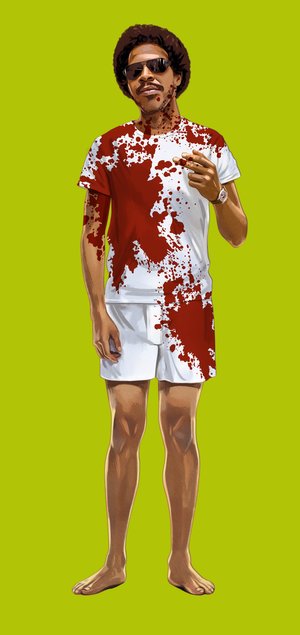 Full-shot illustration of a man with an afro, wearing sunglasses, a T-shirt, and shorts covered in red paint splatters on a green background.