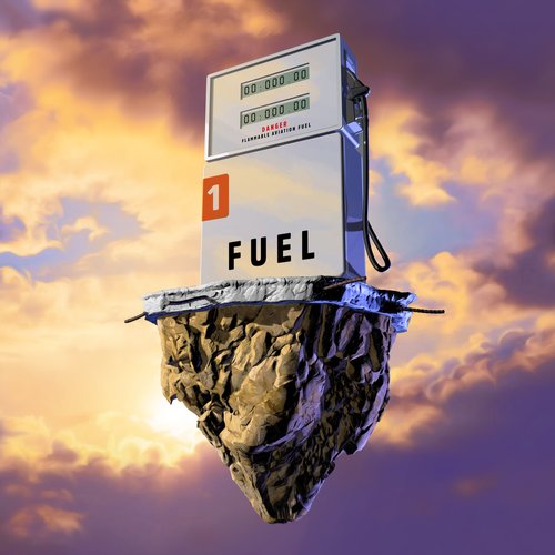 A gas pump sits on a floating rock island against a purple sky with clouds. Digital art uses vibrant colors and surreal composition.