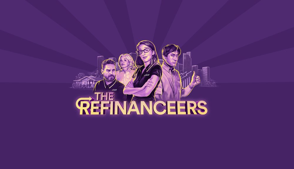 Illustration of 'The Refinanceers' with four people, a house, and city skyline against a purple background with golden text logo.