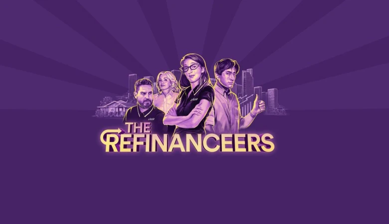 Illustration of 'The Refinanceers' with four people, a house, and city skyline against a purple background with golden text logo.