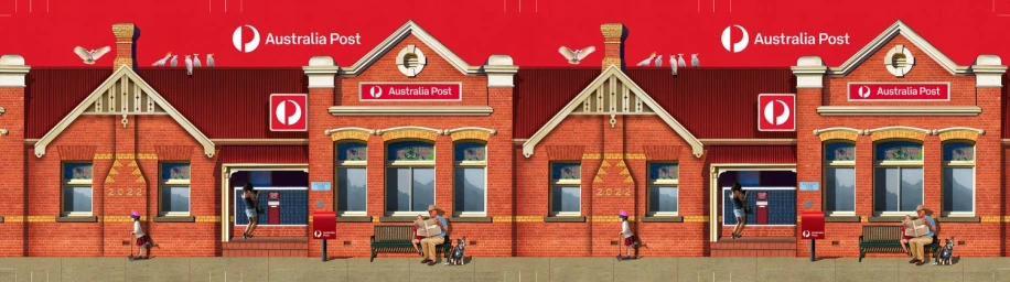 Panoramic illustration of Australian Post brick buildings with repeated street scenes under a bright red sky