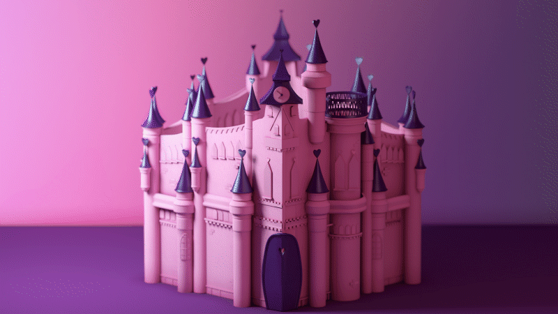 Eye-level shot of a monochromatic, stylized, pink and purple castle miniature with multiple towers and architectural details against a graded background.