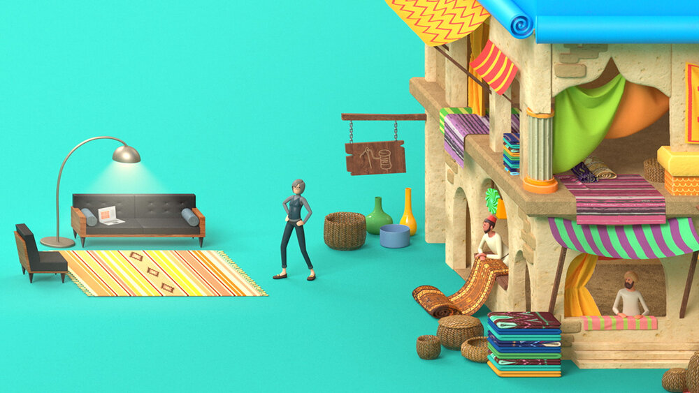 Stylized 3D scene features a modern interior with a woman, sofa, and rug juxtaposed against an ornate store with carpets and figures.