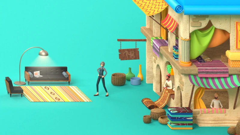 Stylized 3D scene features a modern interior with a woman, sofa, and rug juxtaposed against an ornate store with carpets and figures.