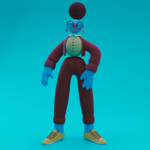 3D cartoon figure with blue skin, round glasses, maroon jacket and pants, and yellow sneakers on a bright blue background.