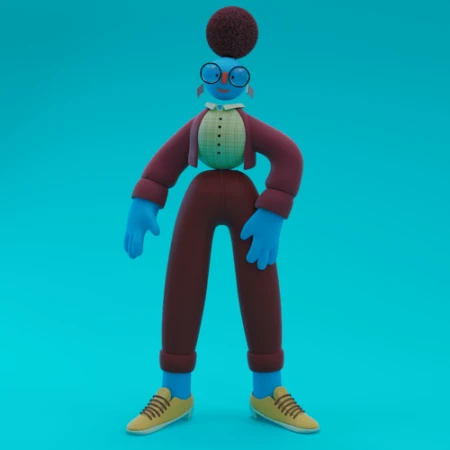 3D cartoon figure with blue skin, round glasses, maroon jacket and pants, and yellow sneakers on a bright blue background.