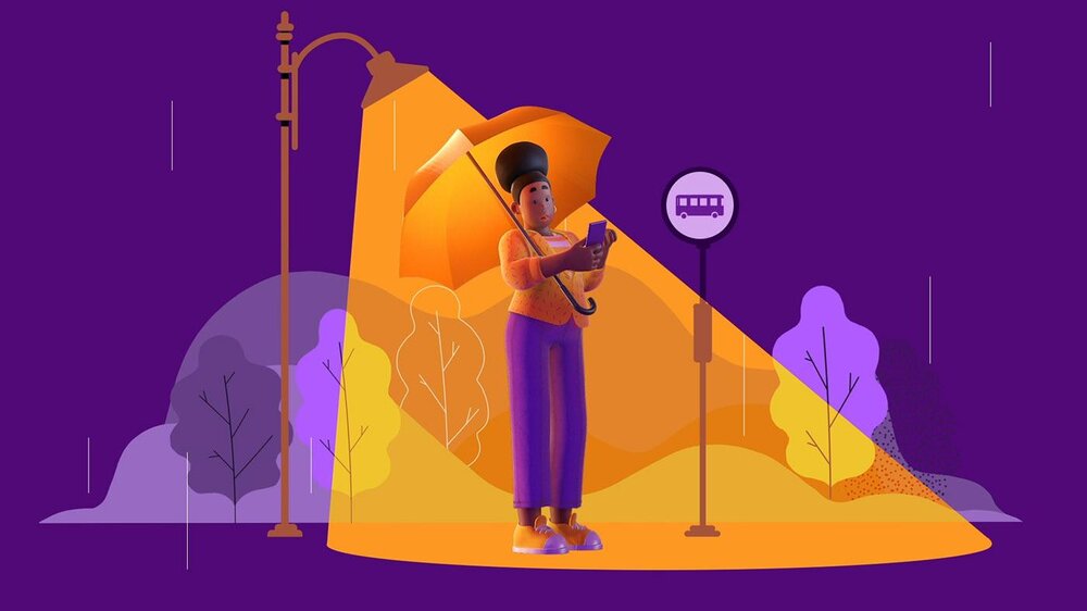Illustration of a woman with an umbrella using a mobile phone at a bus stop at night under a streetlight.