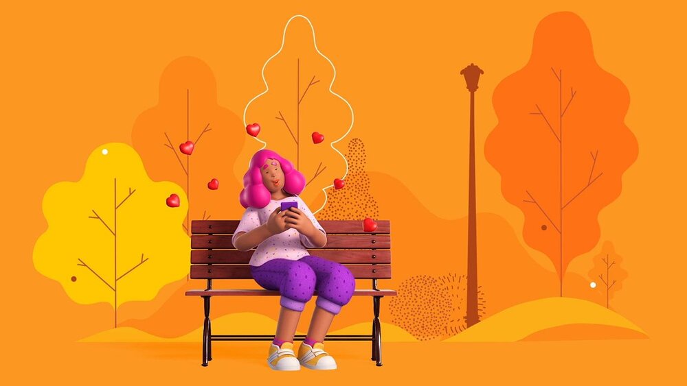 A cartoon woman with pink hair sits on a park bench, using her phone, with abstract trees and floating hearts in an orange-toned outdoor scene.