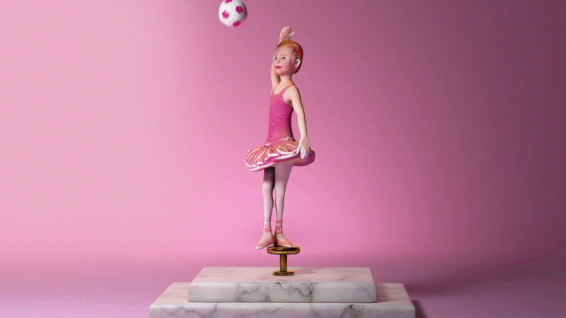 A 3D rendered ballerina mannequin in a pink tutu balances on a stool on a marble platform, ready to catch a soccer ball.