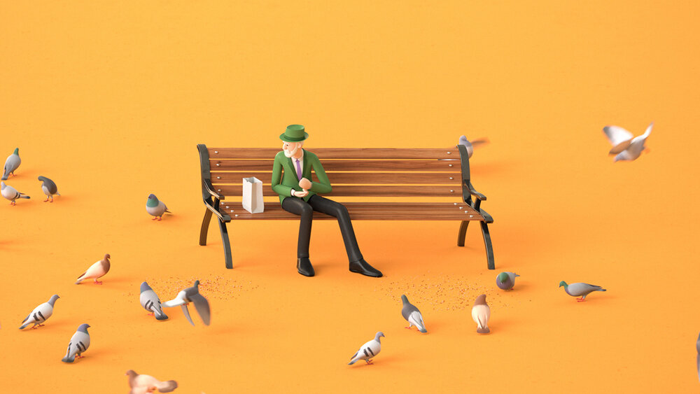 An elderly man sits on a park bench, feeding a flock of pigeons in a digitally rendered scene against a solid orange background.