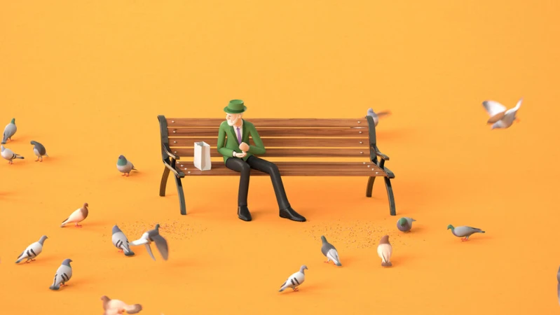 An elderly man sits on a park bench, feeding a flock of pigeons in a digitally rendered scene against a solid orange background.
