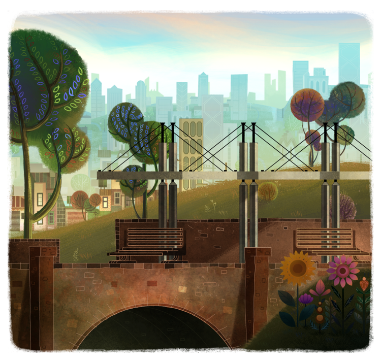 Illustration of a park scene with trees, benches on a bridge, and a cityscape in the background in a cartoon style.