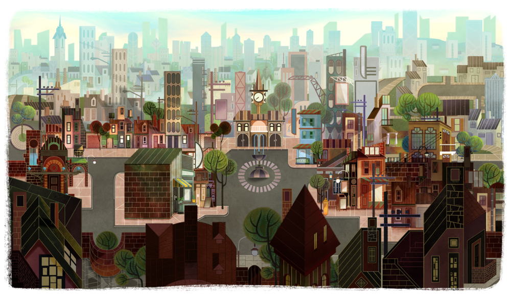 Stylized cartoon city illustration with a mix of low-rise residential buildings and taller skyscrapers in the background under a light sky.