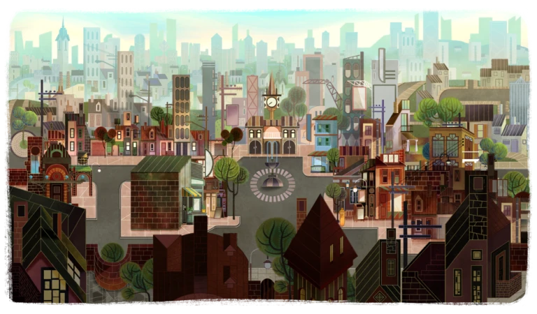 Stylized cartoon city illustration with a mix of low-rise residential buildings and taller skyscrapers in the background under a light sky.