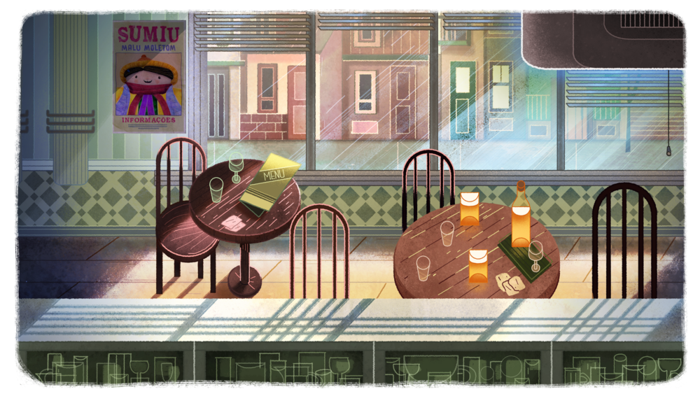 Illustration of cafe interior with tables set with drinks, chairs, view of outside through a window, and a poster on the wall.