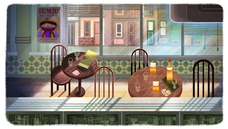 Illustration of cafe interior with tables set with drinks, chairs, view of outside through a window, and a poster on the wall.