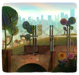 Digital illustration of a stone bridge with wooden benches and colourful flowers against a city skyline background.