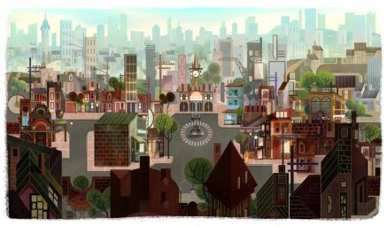 Digital illustration of an expansive cityscape with a town square, clock tower, and distant skyscrapers.