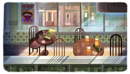 Illustrated cafe interior with wooden tables, chairs, and a poster reading SUMIU on the wall by Caio Bucaretchi