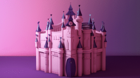Pink toy castle model with purple pointed spires set against a gradient pink and purple background by Caio Bucaretchi