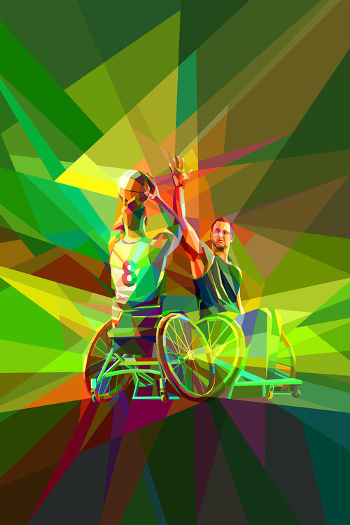 Digital illustration of two wheelchair basketball players in action, set against a vibrant backdrop of geometric shapes and colors.