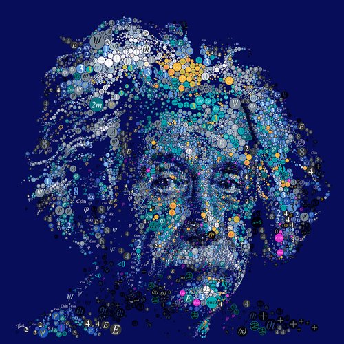 Portrait of Albert Einstein composed of mathematical symbols and numbers in shades of blue, yellow, white, and pink on a navy background.