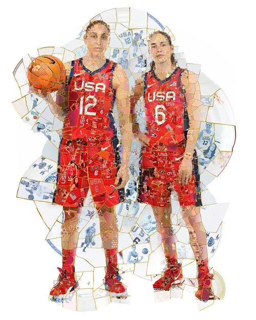 Two female basketball players in USA jerseys pose with a basketball, composed of mosaic art. The background is white.