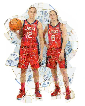 Two female basketball players in USA jerseys pose with a basketball, composed of mosaic art. The background is white.