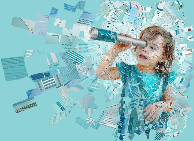 Conceptual image: A young girl gazes through a telescope, rendered with a mosaic of blue and white papers on a serene light blue backdrop.