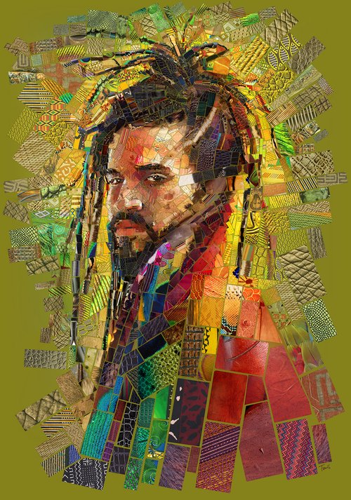 Artwork featuring a man with dark hair and a beard created using mosaic tiles in brown, green, red, and gold tones on an olive background.