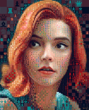Digital art portrait of a red-haired woman composed of chess pieces, eyes gazing left, in a checkered, chess-themed background.