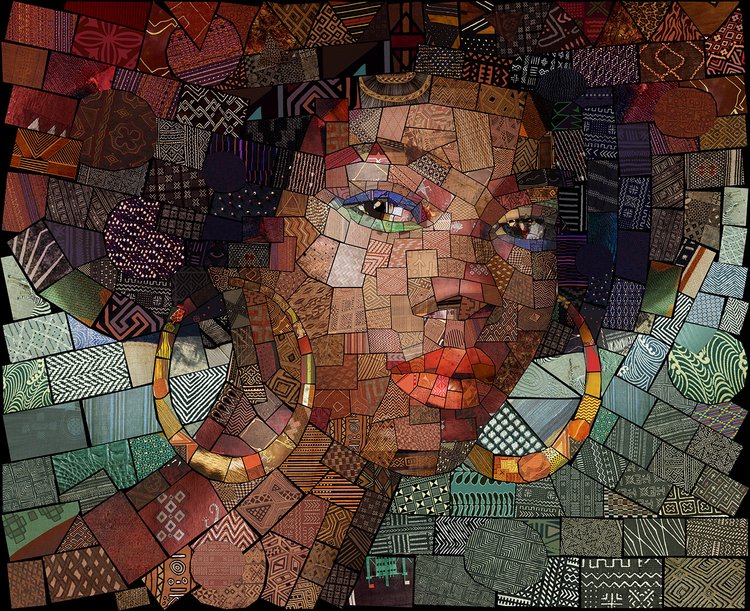 AI-generated mosaic art of a woman with blue eye makeup and hoop earrings, composed of fabric pieces in brown, red, and patterned designs.