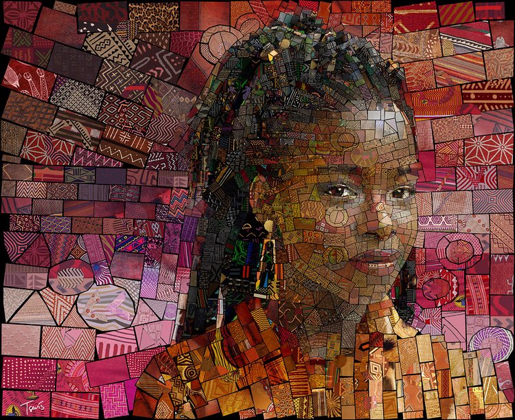 Mosaic portrait of a woman with dark hair and warm skin tones, wearing an earring, rendered with an assortment of patterned blocks.