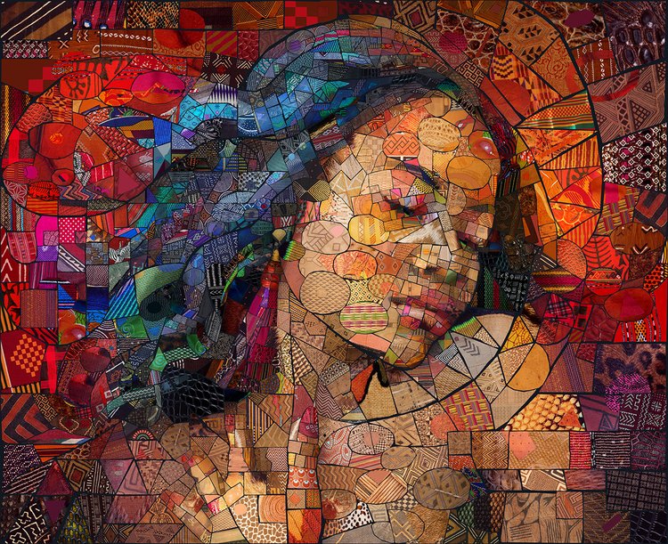 Artistic mosaic image of a woman with closed eyes, showcasing a variety of colorful and patterned textiles in a unique collage style.