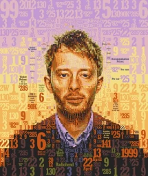 Digital mosaic portrait of a man created from numbers, symbols, and typographic elements by illustrator Charis Tsevis