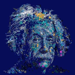 Portrait illustration of Albert Einstein constructed entirely from mosaic circles, mathematical symbols, and numbers.