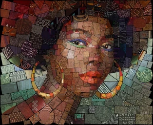 Portrait illustration of a Black woman composed of patterned geometric mosaic tiles by Charis Tsevis.