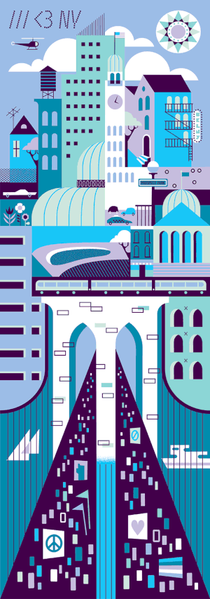 Illustrated cityscape of New York City with buildings, the Brooklyn Bridge, and the East River in shades of blue, green, and purple.