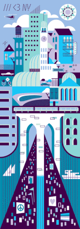 Illustrated cityscape of New York City with buildings, the Brooklyn Bridge, and the East River in shades of blue, green, and purple.