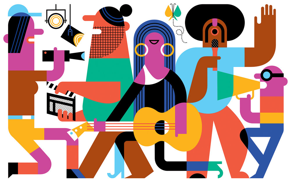 Vibrant illustration of a diverse creative team, featuring filmmakers, musicians, and technicians, against a clean white backdrop.