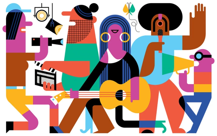 Vibrant illustration of a diverse creative team, featuring filmmakers, musicians, and technicians, against a clean white backdrop.