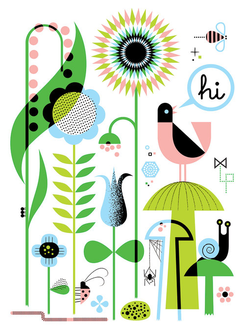 Illustration of colorful cartoon flowers, leaves, bugs, a bird, and a snail against a white backdrop in a whimsical botanical scene.