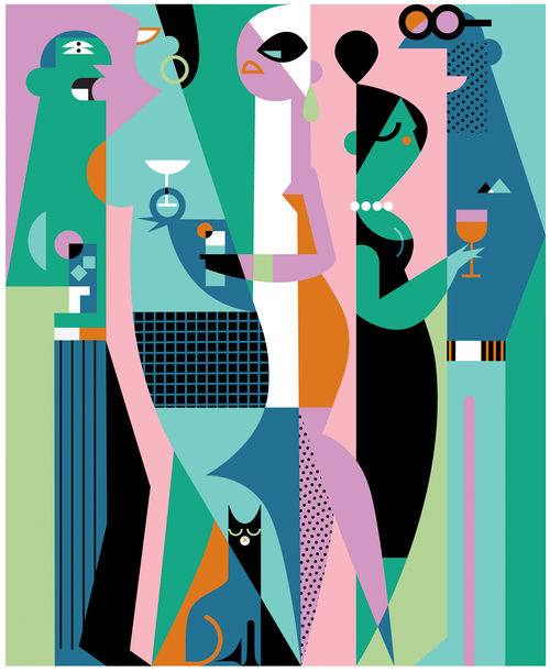 Abstract illustration of five stylized adults at a social gathering with cocktails, featuring bold geometric shapes and a seated black cat.