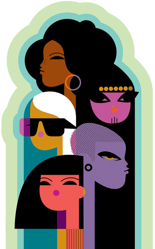 Stylized illustration of five people with diverse skin tones, hairstyles, and geometric facial features against light green background.