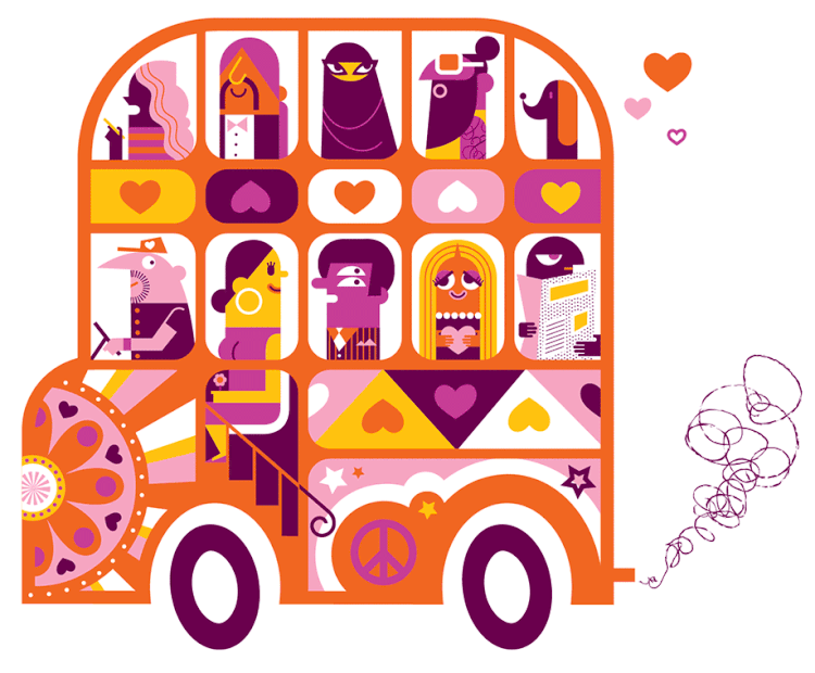 Illustrated cartoon bus with diverse passengers in colorful compartments, featuring whimsical graphics and a playful, vintage design.