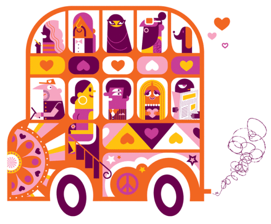 Illustrated cartoon bus with diverse passengers in colorful compartments, featuring whimsical graphics and a playful, vintage design.