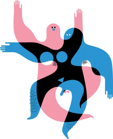 Abstract vector art with overlapping pink and blue figures in dynamic poses on a white background creates a surreal, playful illustration.