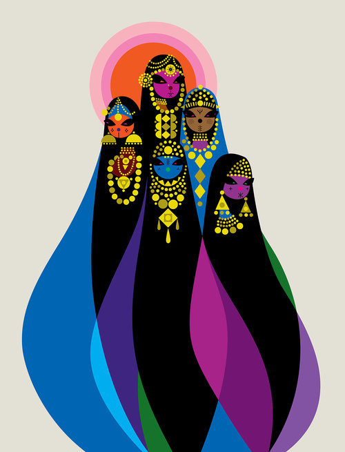 Illustration of five women adorned with jewelry and traditional attire, set against a warm-toned background with graphic sun element.