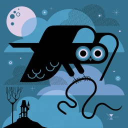 Digital illustration of a black owl flying against a blue night sky with clouds, a pale moon, and a haunted house silhouette below.