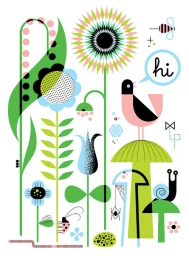 Colorful vector illustration of stylized flowers, a pink bird saying hi, a ladybug, a snail, and a bee on a white background